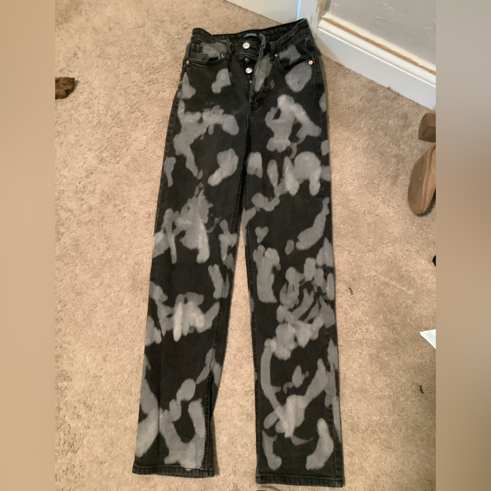 High waisted, wider leg black printed jeans